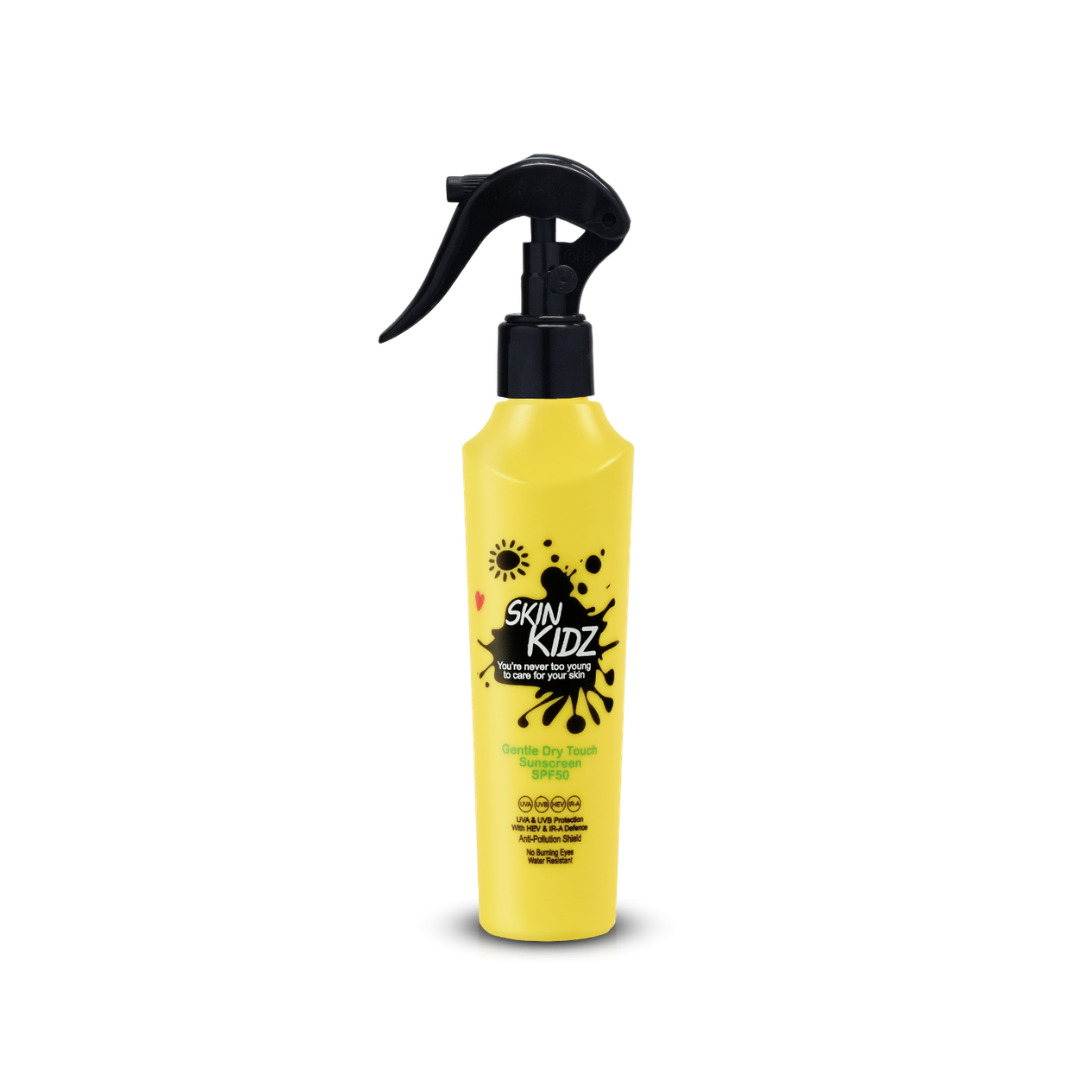 Skin Kidz SPF50 Broad Spectrum Spray Sunscreen 150ml bottle on a warm ivory background
